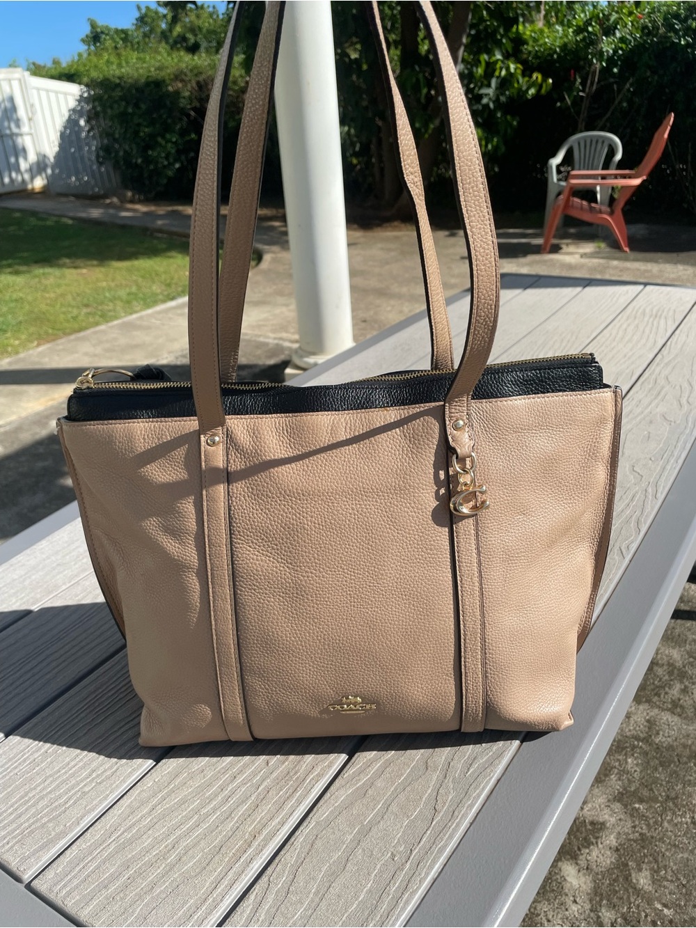 Coach May Pebble Leather Tote in Tan and Black Trim - Picture 2 of 7